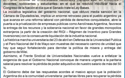 El Frente Sindical de Universidades Nacionales convoca a movilizar al Senado para rechazar la Ley Bases