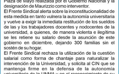 EL FRENTE SINDICAL DE UNIVERSIDADES NACIONALES REPUDIA LA INTERVENCIÓN EN LA UNIVERSIDAD NACIONAL MADRES DE PLAZA DE MAYO