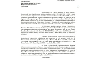 Compartimos nota elevada al Rectorado de la UNNE solicitando repudio a diputados/as que avalaron el veto de Milei